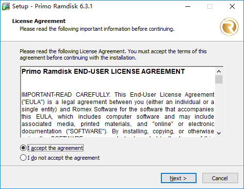 Primo Ramdisk Installation Wizard Page - EULA